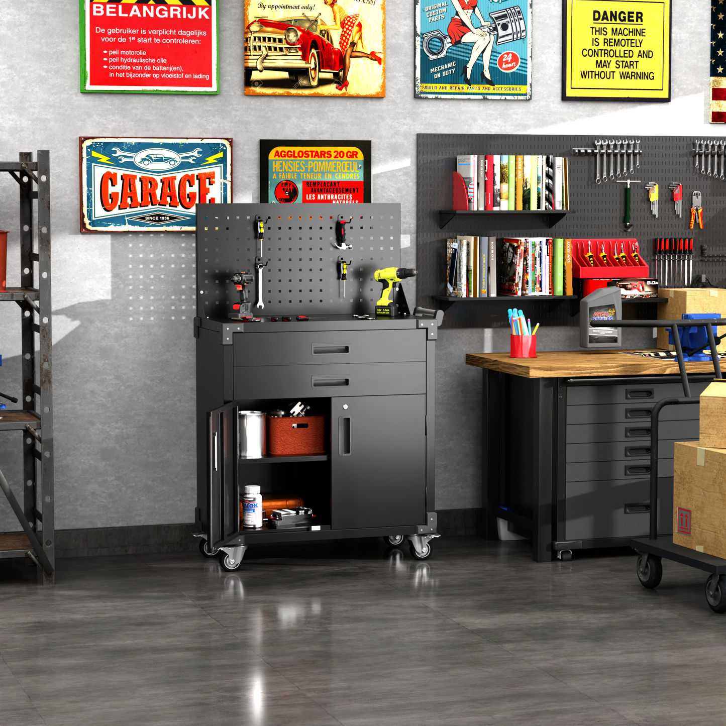 800mm x 420mm x 900mm Tool Cart with Tool Board, 2 Drawers and 2 Doors, Black Steelmates