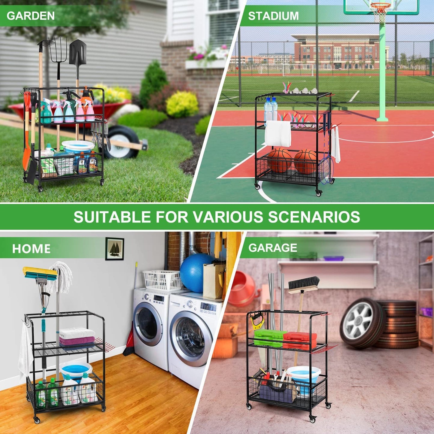 Garden Tool Storage Organizer with Wheels – Multi-Function Metal Rack Steelmates