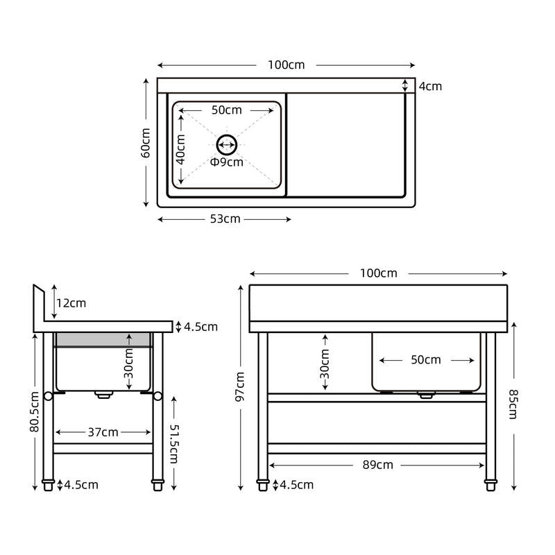 Right Table 304 Grade Stainles Steel Sink Bench with Undershelf 1000*600*850mm