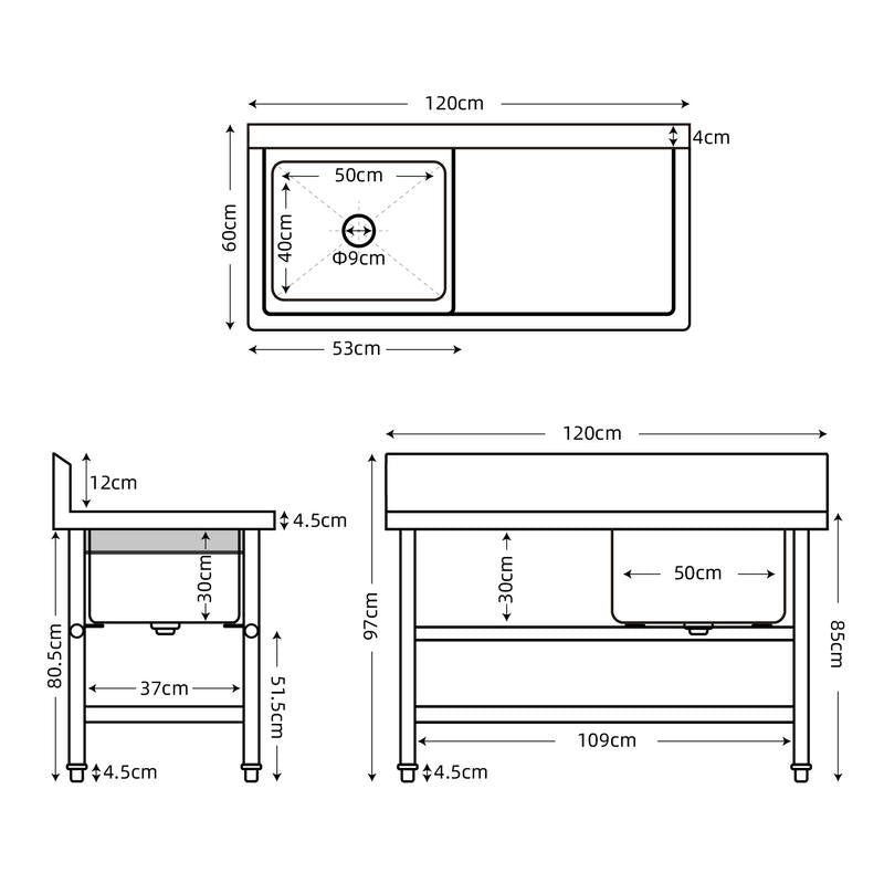 Right Table 304 Grade Stainles Steel Sink Bench with Undershelf 1200*600*850mm