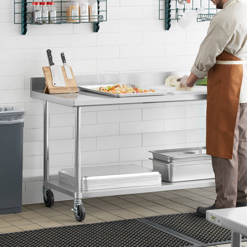 2-Tier Stainless Steel Workbench with Backsplash & Wheels-1.2M