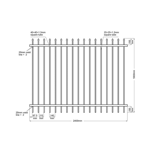 Aluminium Security Fence with Pressed Spear Finial 2400*2000mm