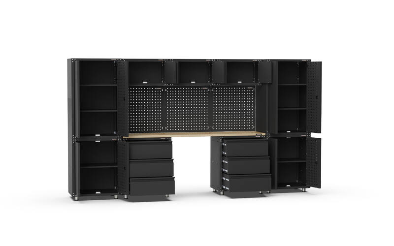 3380mm x 480mm x 1870mm Black Workshop Garage Storage Cabinet Set