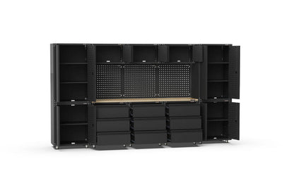 3380mm x 480mm x 1870mm Black Workshop Garage Storage Cabinet Set