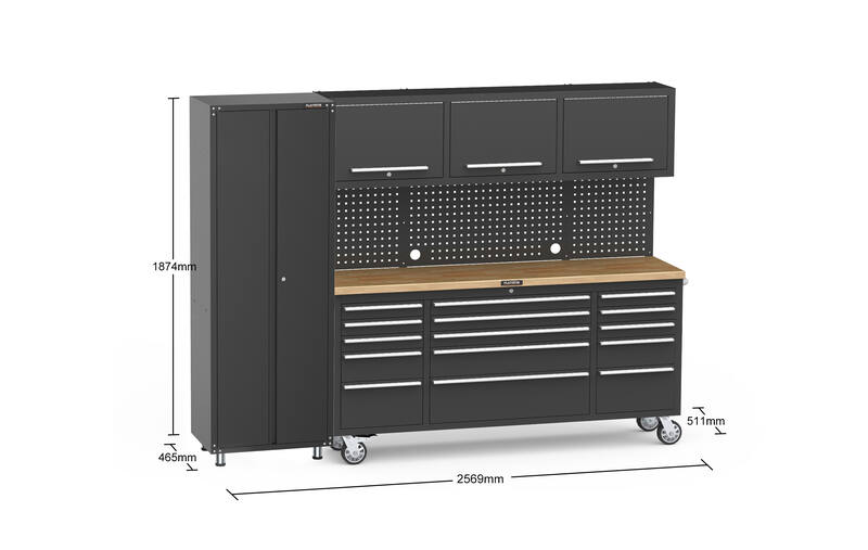 2569mm x 511mm x 1874mm Black Mobile 15 Drawers Tool Chest Work Bench + 1 standing storage cabinet