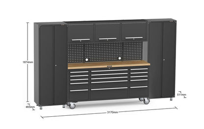 3170mm x 511mm x 1874mm Black Mobile 15 Drawers Tool Chest Work Bench + 2 standing storage cabinet