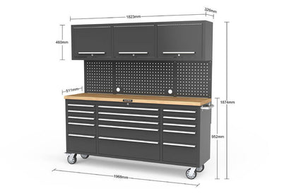 3170mm x 511mm x 1874mm Black Mobile 15 Drawers Tool Chest Work Bench + 2 standing storage cabinet