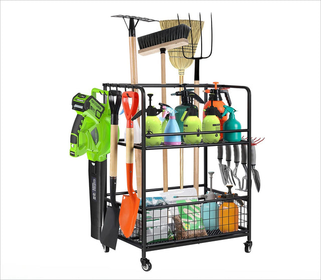 Garden Tool Storage Organizer with Wheels – Multi-Function Metal Rack