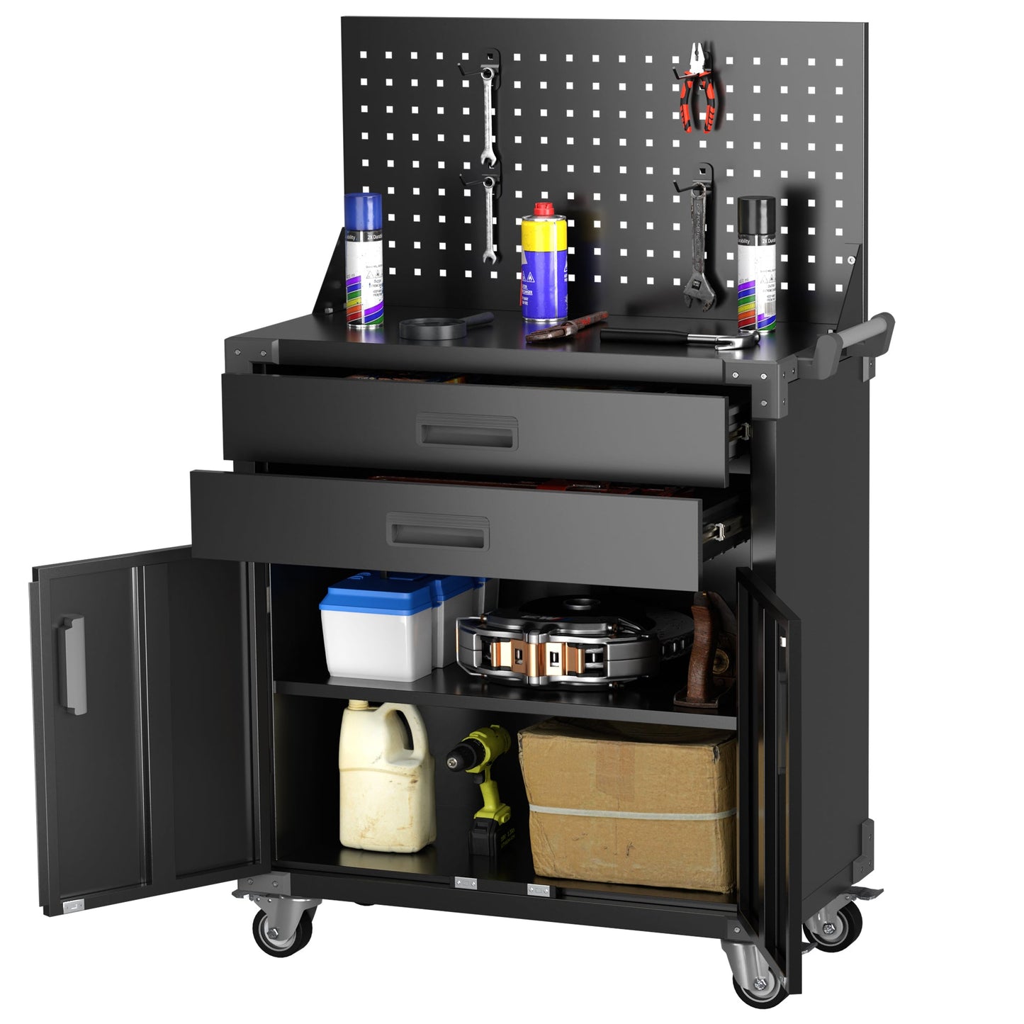 800MM × 420MM × 900MM Tool Cart with Tool Board 2 Drawers and 2 Doors Black  Steelmates