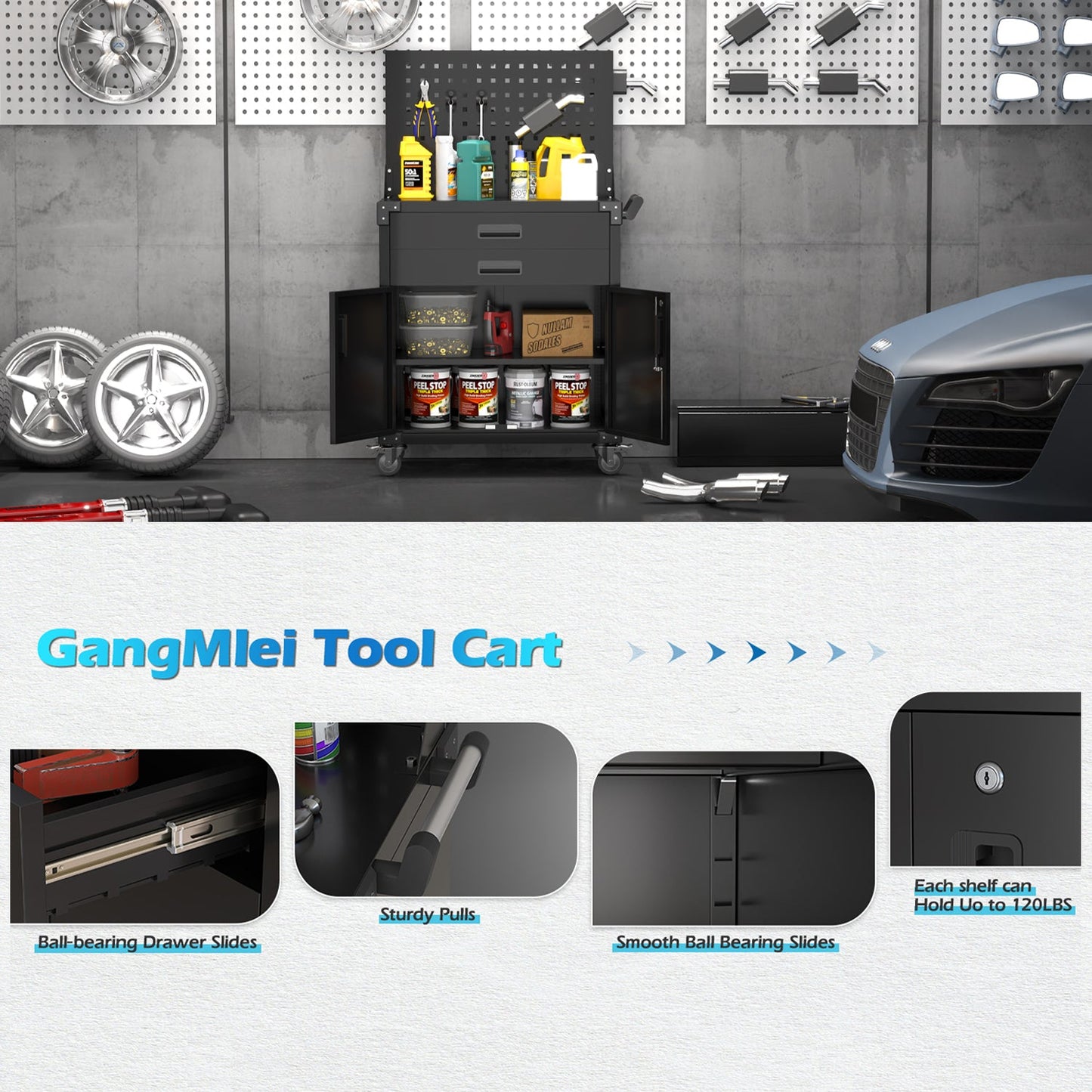 800MM × 420MM × 900MM Tool Cart with Tool Board 2 Drawers and 2 Doors Black  Steelmates