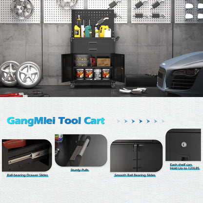 800MM × 420MM × 900MM Tool Cart with Tool Board 2 Drawers and 2 Doors Black  Steelmates