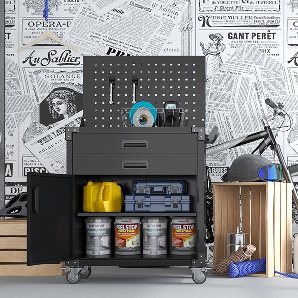 800MM × 420MM × 900MM Tool Cart with Tool Board 2 Drawers and 2 Doors Black  Steelmates