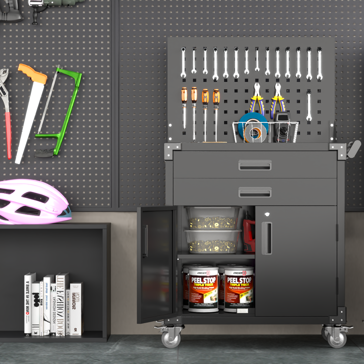 800MM × 420MM × 900MM Tool Cart with Tool Board 2 Drawers and 2 Doors Black  Steelmates