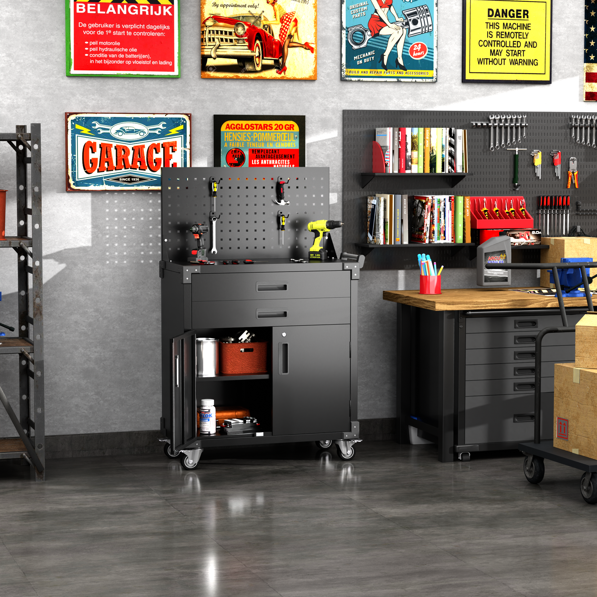 800MM × 420MM × 900MM Tool Cart with Tool Board 2 Drawers and 2 Doors Black  Steelmates