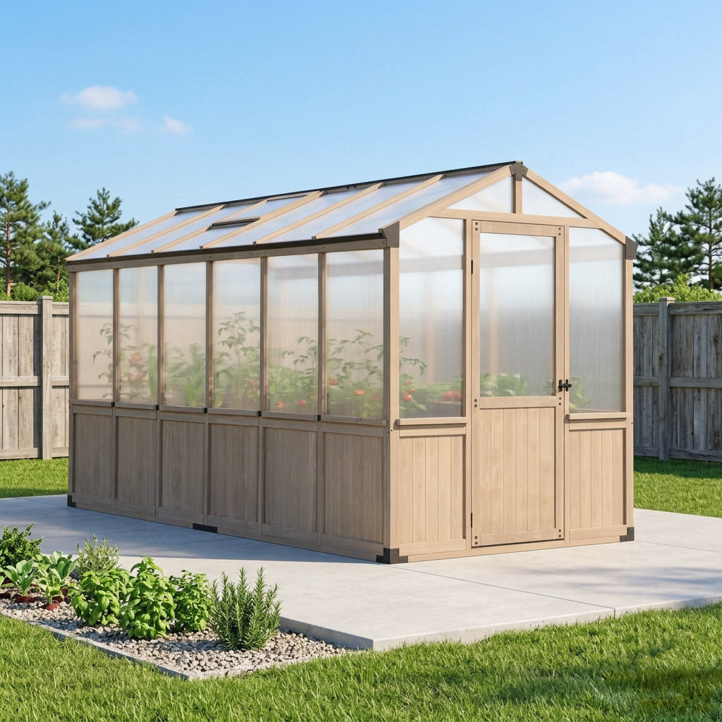 Cedar Wood Garden Greenhouse, Polycarbonate Plant House with Steel Frame  Steelmates