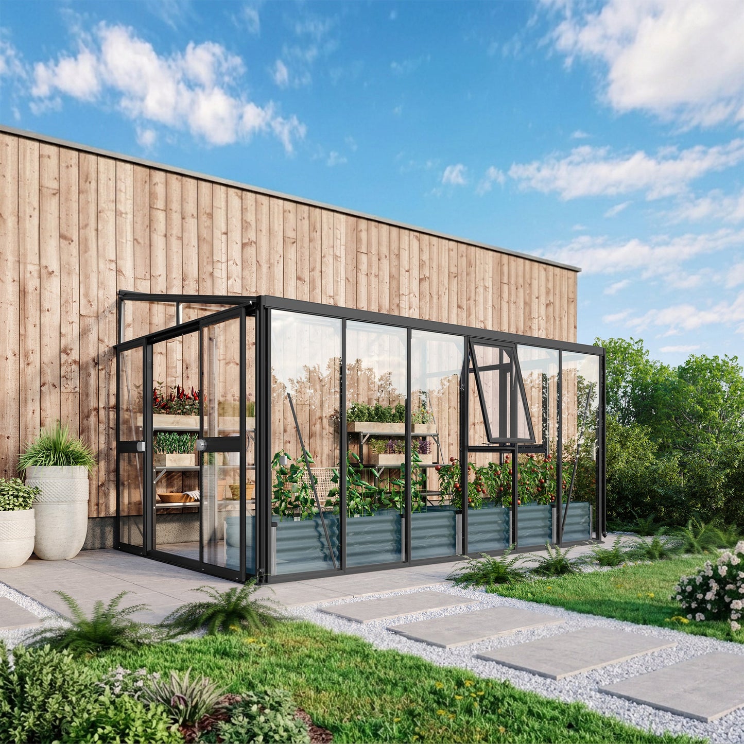 Glass Sided Greenhouse with 10mm PC Roof 266x397cm Aluminium Greenhouses Steelmates