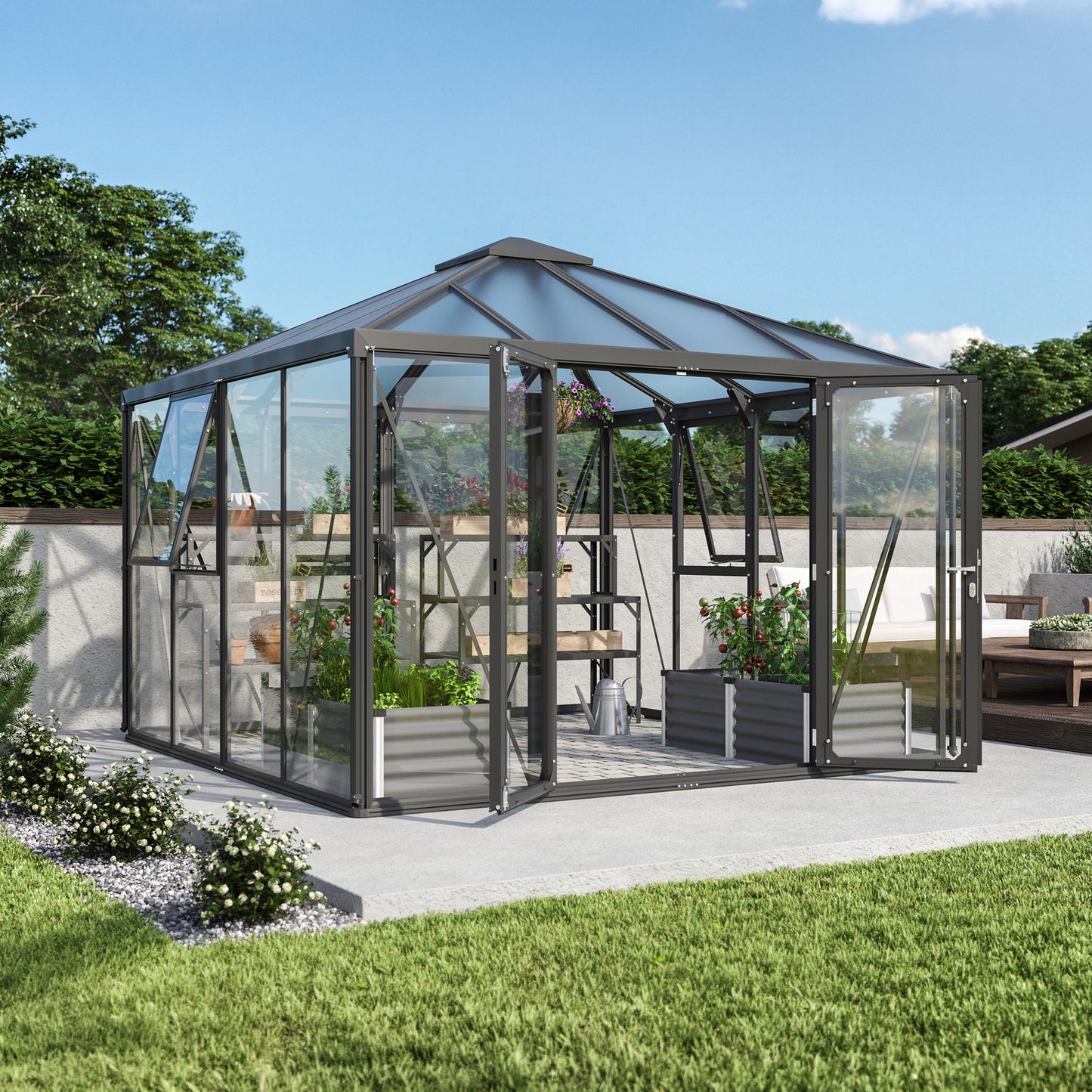 Glass Sided Greenhouse with 10mm PC Roof 322x317cm Aluminium Greenhouses Steelmates
