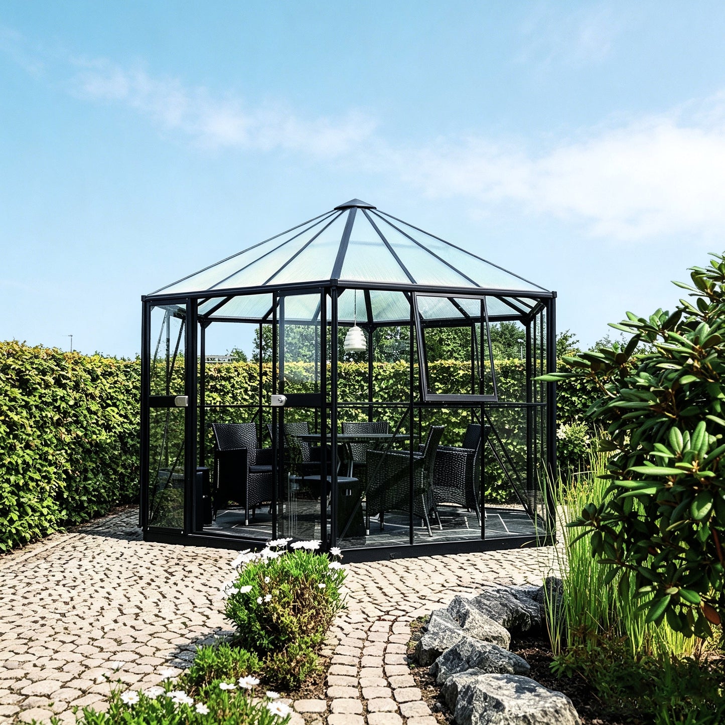 Hexagonal Glass Greenhouse with 6mm PC Roof Aluminium Greenhouses Steelmates