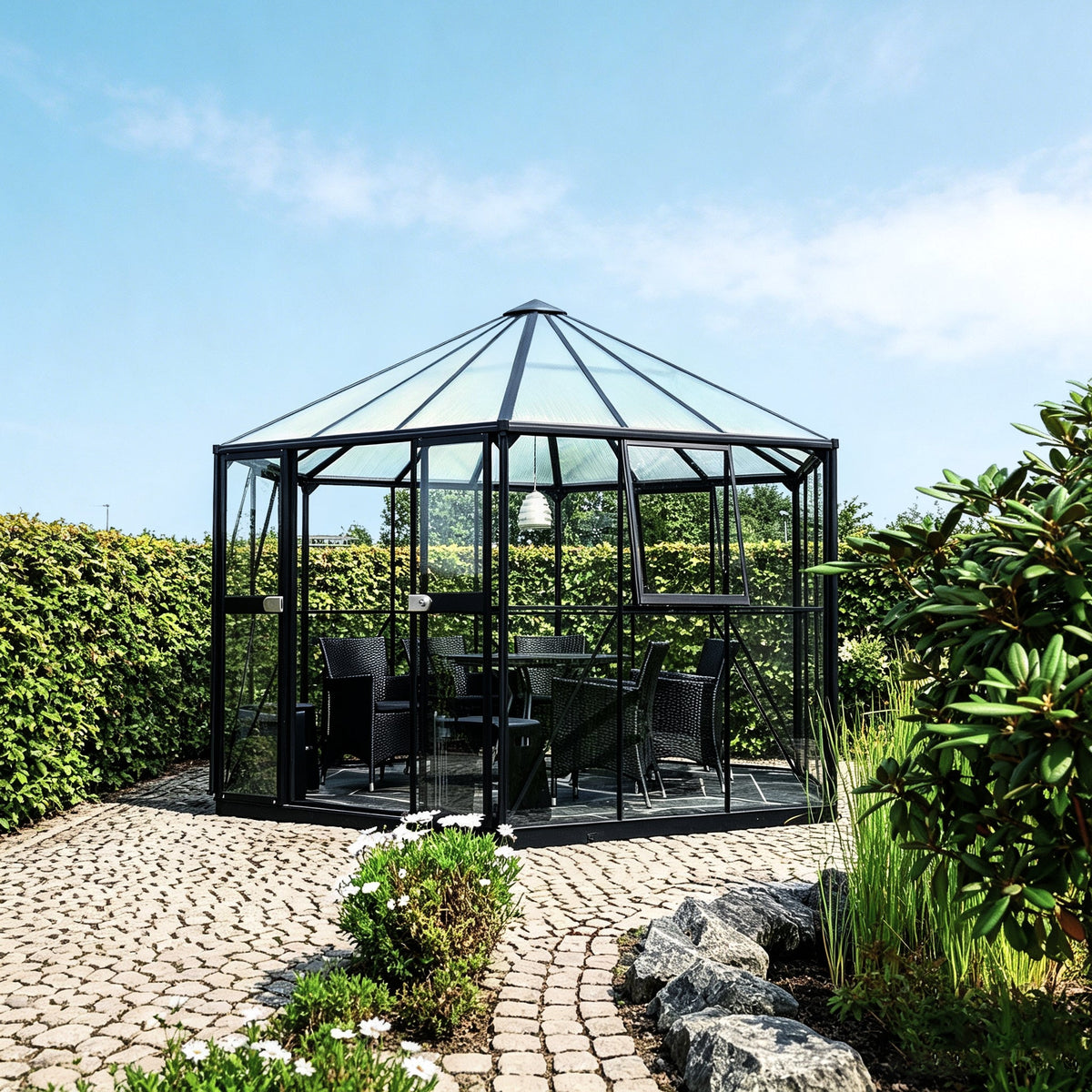 Hexagonal Glass Greenhouse with 6mm PC Roof Aluminium Greenhouses Steelmates