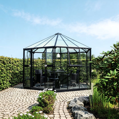 Hexagonal Glass Greenhouse with 6mm PC Roof Aluminium Greenhouses Steelmates
