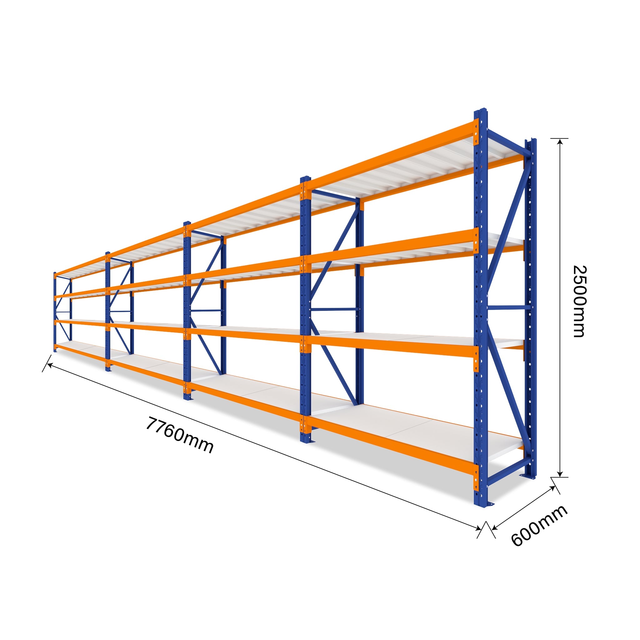 2.5M Tall Four Bay Heavy Duty Shelving 7760L X 2500H X 600D  Steelmates