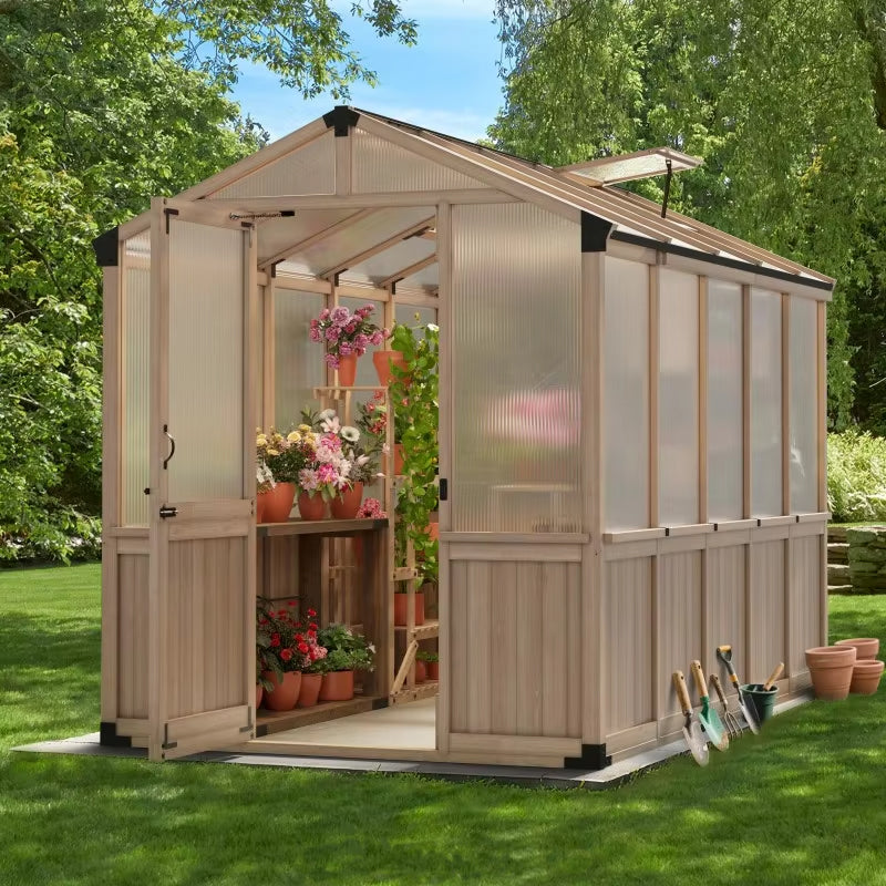 Cedar Wood Garden Greenhouse, Polycarbonate Plant House with Steel Frame  Steelmates