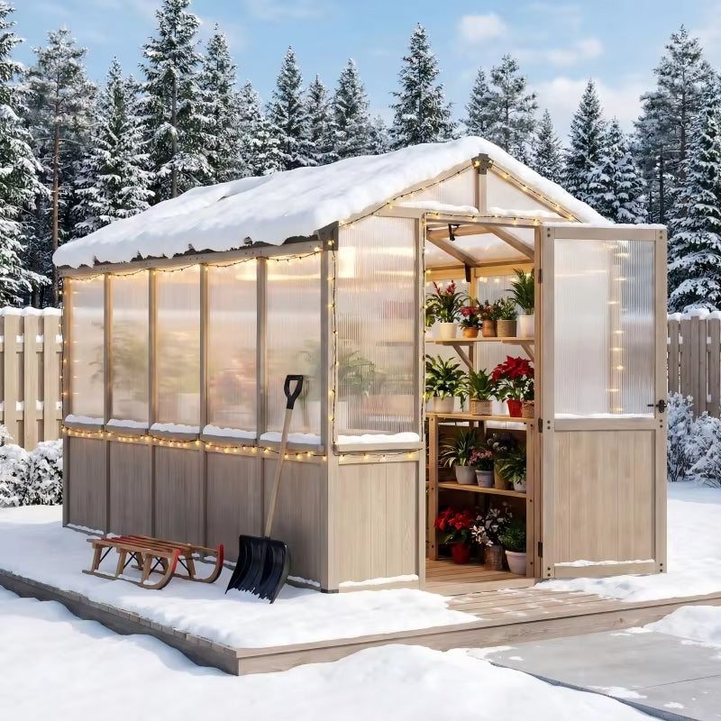 Cedar Wood Garden Greenhouse, Polycarbonate Plant House with Steel Frame  Steelmates