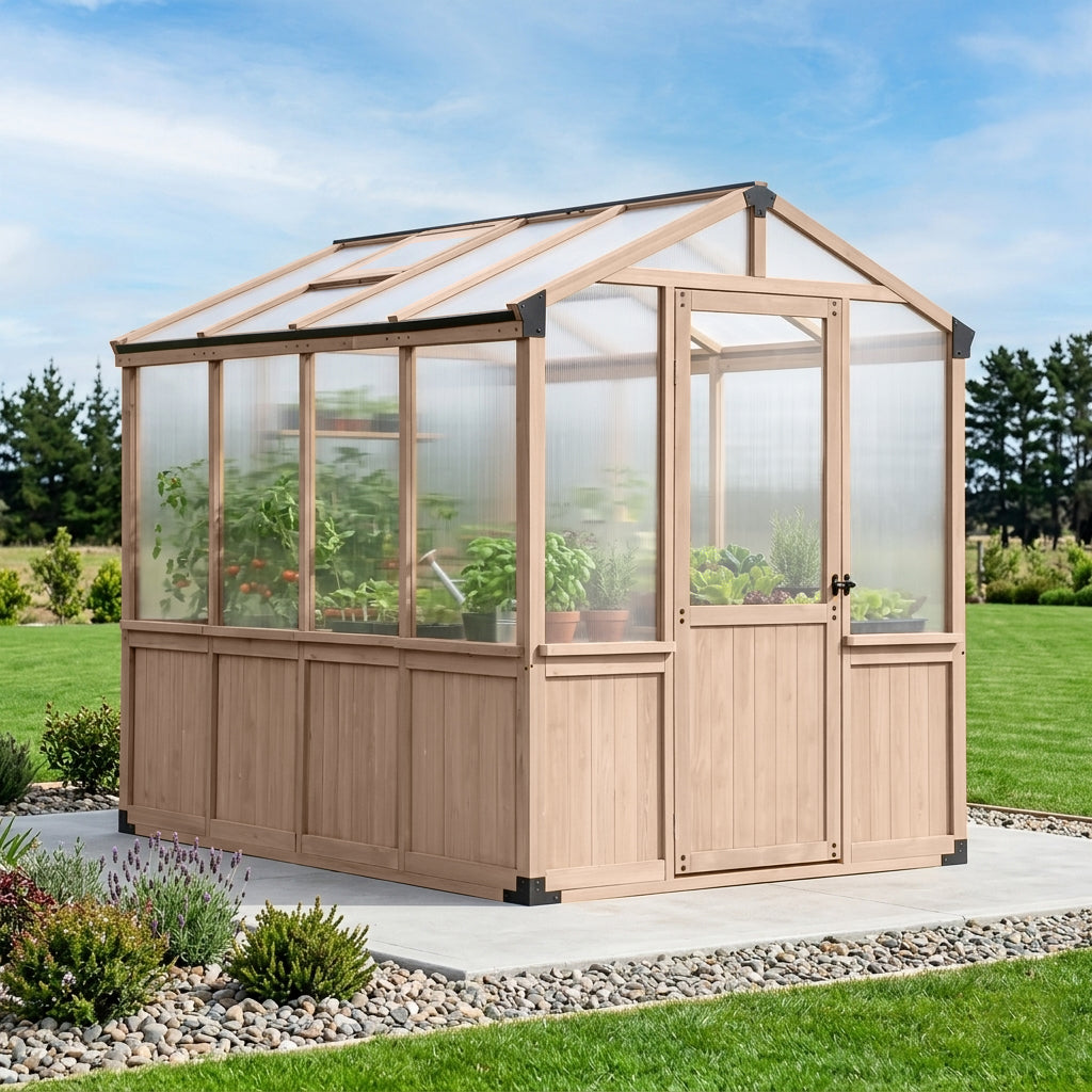 Cedar Wood Garden Greenhouse, Polycarbonate Plant House with Steel Frame  Steelmates