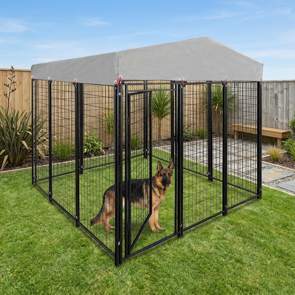 Dog Run Enclosure Animal Hutch Metal with Roof Cover 1.9m Wide  Steelmates