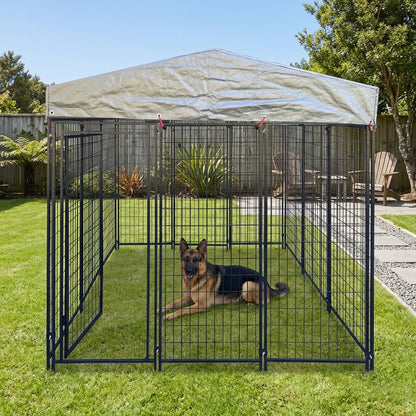 Dog Run Enclosure Animal Hutch Metal with Roof Cover 1.9m Wide  Steelmates