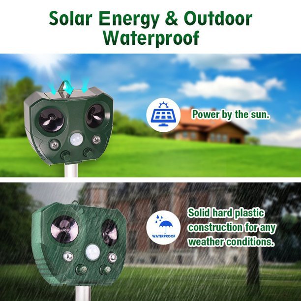 Solar Ultrasonic Animal Repeller with PIR Sensor & Flashing LED Lights  Steelmates