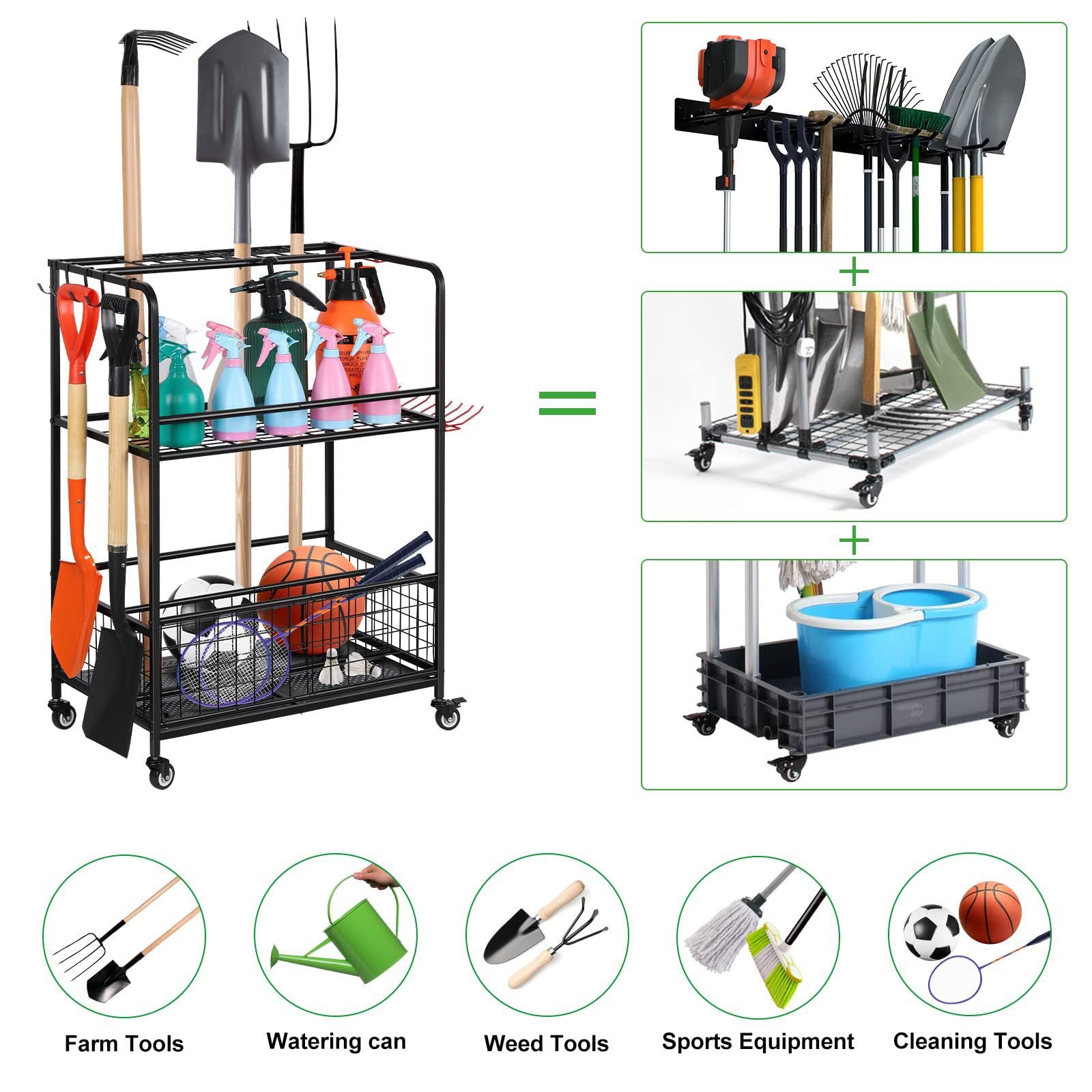 Garden Tool Storage Organizer with Wheels – Multi-Function Metal Rack  Steelmates