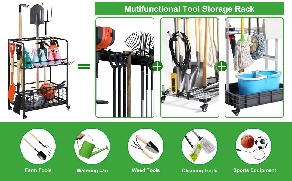 Garden Tool Storage Organizer with Wheels – Multi-Function Metal Rack  Steelmates