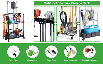 Garden Tool Storage Organizer with Wheels – Multi-Function Metal Rack  Steelmates