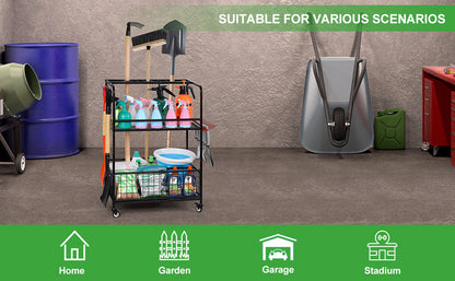 Garden Tool Storage Organizer with Wheels – Multi-Function Metal Rack  Steelmates