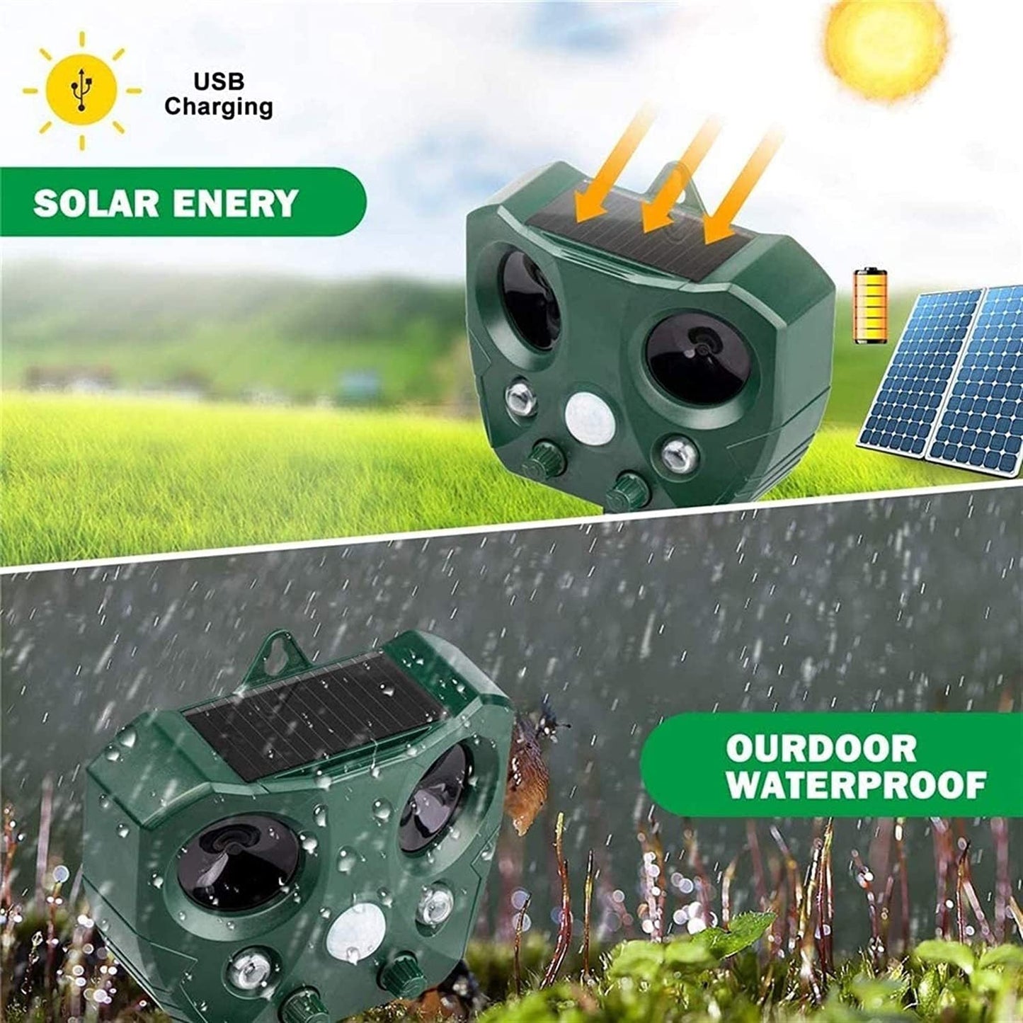 Solar Ultrasonic Animal Repeller with PIR Sensor & Flashing LED Lights  Steelmates