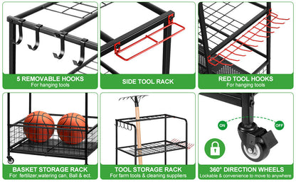 Garden Tool Storage Organizer with Wheels – Multi-Function Metal Rack  Steelmates
