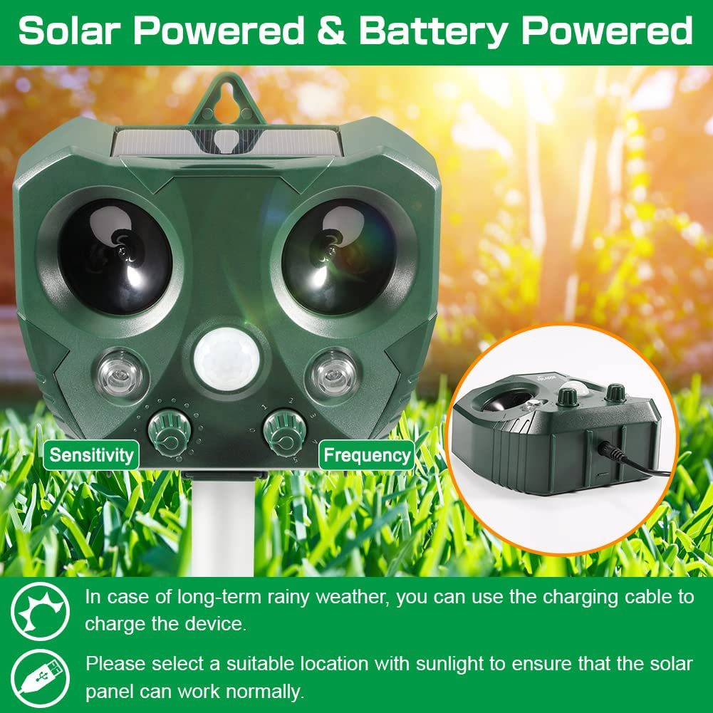 Solar Ultrasonic Animal Repeller with PIR Sensor & Flashing LED Lights  Steelmates