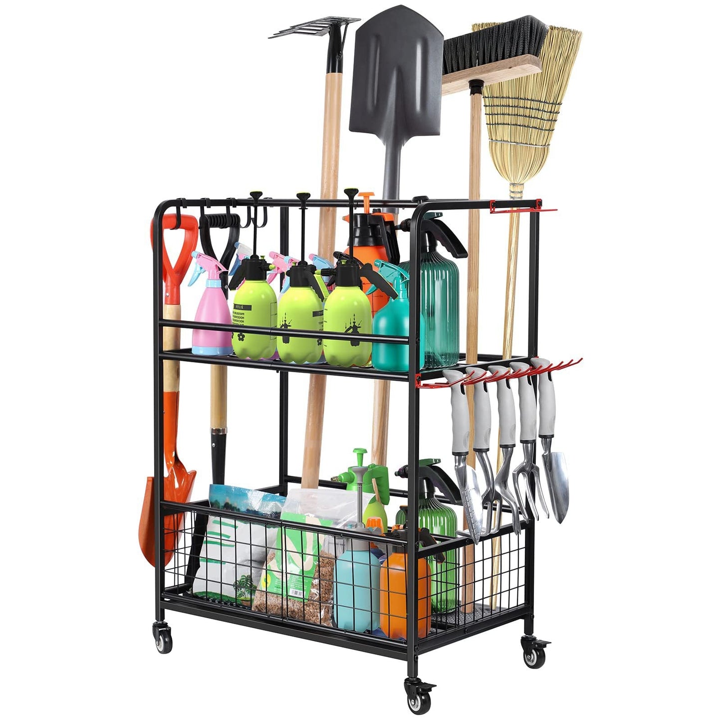 Garden Tool Storage Organizer with Wheels – Multi-Function Metal Rack  Steelmates