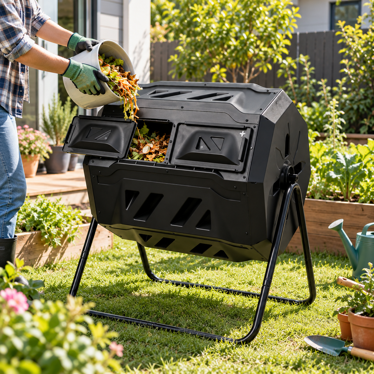160L Dual-Chamber Outdoor Compost Tumbler Bin Rotating Garden Composting Barrel  Steelmates