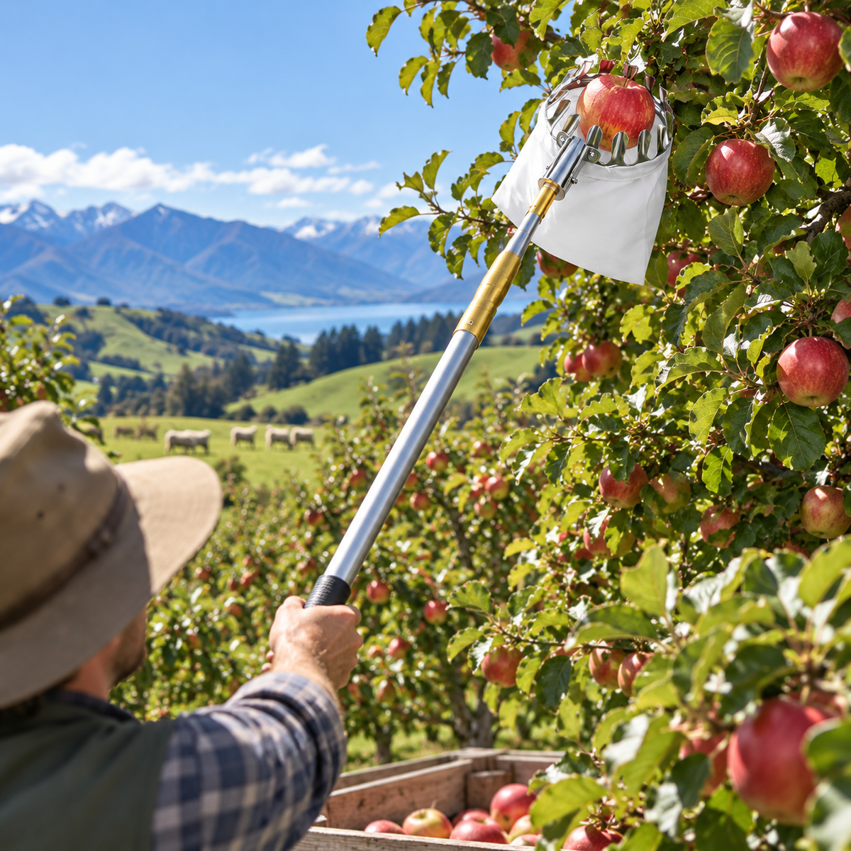 2.1M Telescopic Fruit Picker with Storage Bag Stainless Steel Pole Apple, Pear & Citrus Harvester  Steelmates