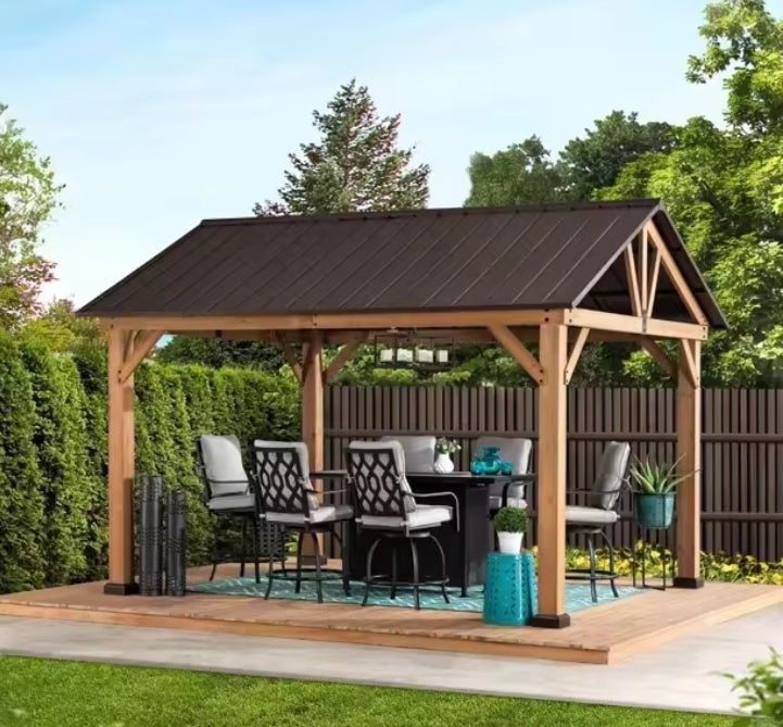 4200 L x 3600 W x 2900 H Patio Cedar Wood Gazebo Pitched Roof Hard Top Black