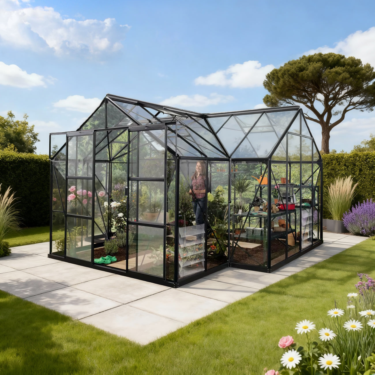 T-Shaped Glasshouse/Garden Pavilion 4mm toughened glass 3830 x 3830 x 2540 mm  Steelmates