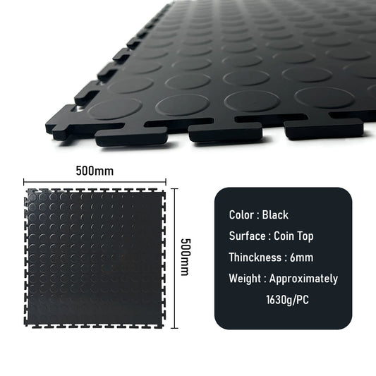 Heavy Duty Interlocking Floor Tiles,Coin Top,500×500×6mm-Black  Steelmates
