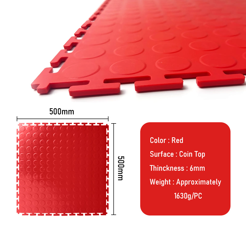Heavy Duty Interlocking Floor Tiles,Coin Top,500×500×6mm-Red