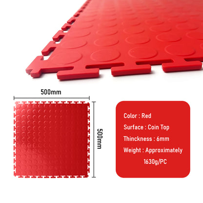 Heavy Duty Interlocking Floor Tiles,Coin Top,500×500×6mm-Red