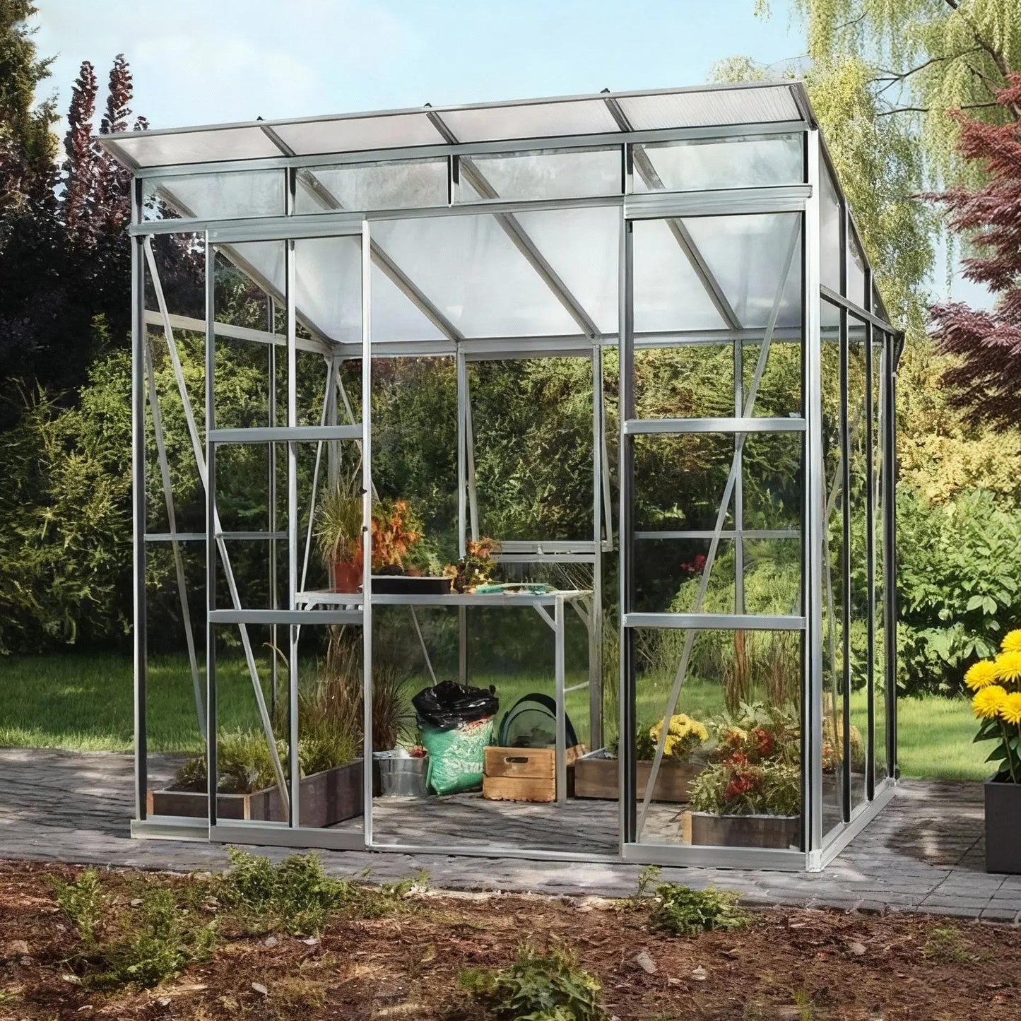 6MM Polycarbonate Greenhouse with Flat Roof -254x192cm