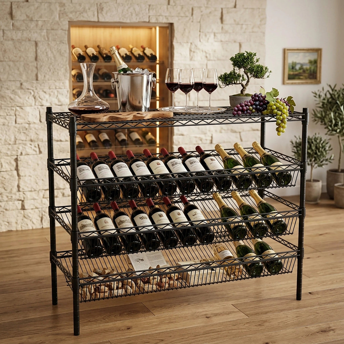 Epoxy 3 Tier Slanted Wine Rack with Flat Top Shelf 1200x450xH900 Black  Steelmates