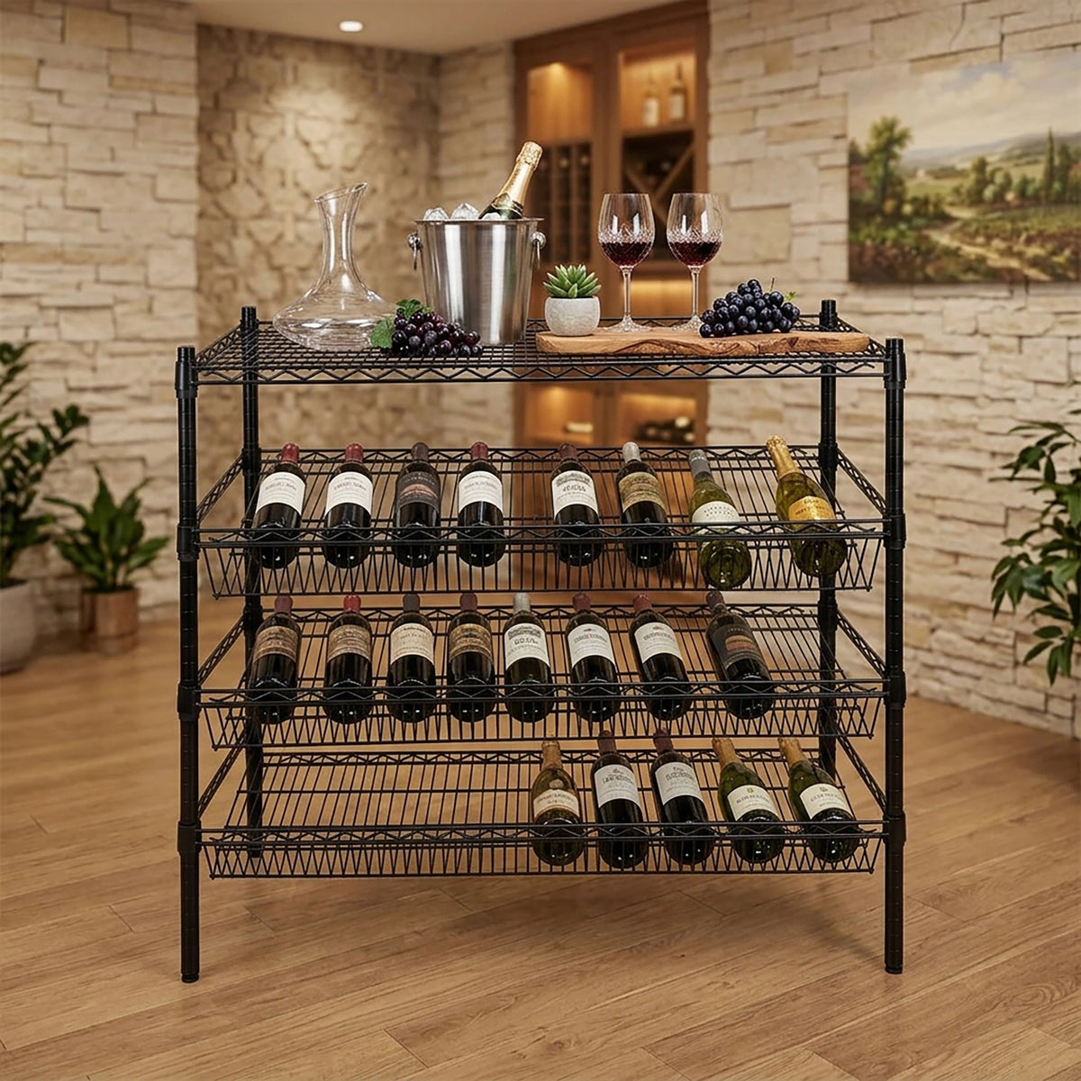 Epoxy 3 Tier Slanted Wine Rack with Flat Top Shelf 1200x450xH900 Black  Steelmates