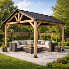 3360 L x 2840 W x 2830 H Patio Cedar Wood Gazebo Pitched Roof Hard Top Black